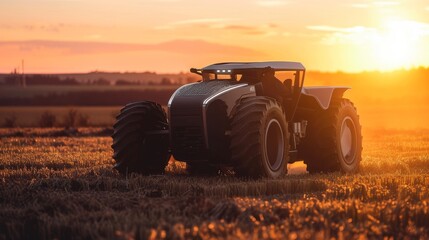 Fototapeta premium Cutting-edge hydrogen fuel cell tractor in a field at sunset, close-up view highlighting its futuristic design and the warm sunset glow