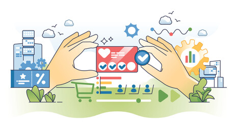 Customer loyalty programs and shopping discount cards outline hands concept. Satisfaction from clients from bonus and reward prizes vector illustration. Coupon and award earning strategy for loyalty.