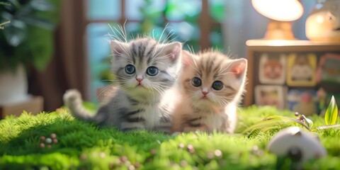 Adorable kittens sitting on green grass inside a cozy room, illuminated by soft, warm light....