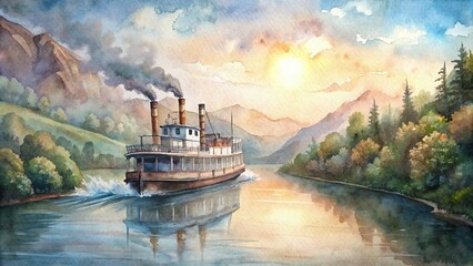 Watercolor of a steam-powered riverboat cruising down a serene river