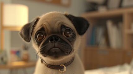 Adorable pug puppy with large eyes and a collar, sitting indoors looking curiously at the camera. Perfect stock photo for pet-related content.