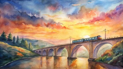 Watercolor of a train crossing a bridge at sunset