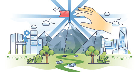 Objective achievement and successful goal reach outline hands concept. Aiming on top of mountain as personal or business ambitions and motivation vector illustration. Opportunity and target reaching.