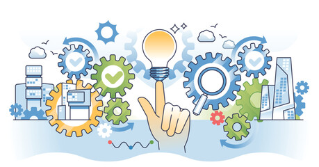 Critical thinking skills for effective work solution outline hands concept. Innovation and discovery for productive business development vector illustration. Analyze, interpret and make a judgment.