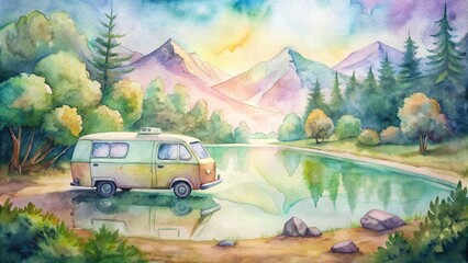 A colorful watercolor illustration of a vintage camper van parked by a crystal-clear lake, with lush greenery in the background