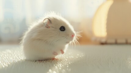 Adorable white hamster sitting on a soft surface in a brightly lit room. Cute furry pet with big eyes looking curious.