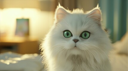 Fototapeta premium Adorable white Persian cat with green eyes, sitting indoors. Perfect pet scene with warm lighting and cozy ambiance.