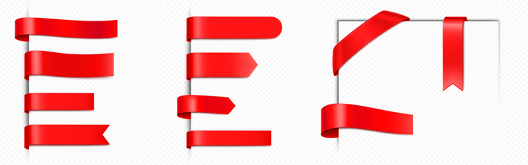Red ribbon tag. Satin bookmark or flag banner vector. Badge sticker or price label for sale. Discount promotion on page angle for retail template. Silk shiny straight glossy fabric illustration