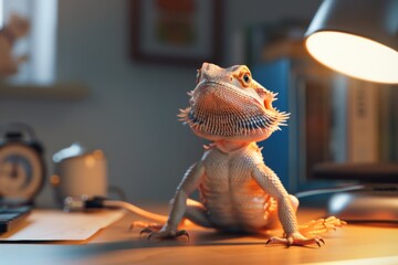 Closeup of a bearded dragon lizard under a desk lamp, detailed shot showing texture and light.