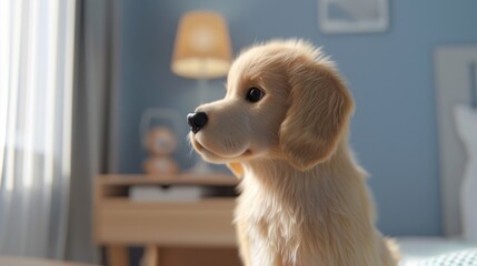 Close-up of a cute fluffy golden retriever dog in a cozy bedroom with soft lighting and warm atmosphere.