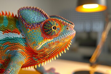 Close-up of a vibrant, colorful chameleon under a desk lamp in a modern interior setting.
