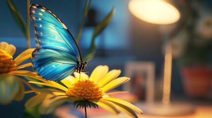 Close-up of a vibrant blue butterfly perched on a yellow daisy flower indoors, with soft lighting creating a warm, serene atmosphere.