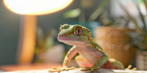 Close-up of a vibrant gecko basking under a warm lamp in a cozy environment, with plants in the background.