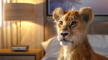 Close-up of a young lion cub sitting in a cozy, well-lit room with a bed and a lamp in the background. The cub appears calm and attentive.