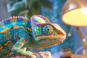 Close-up of a vibrant, colorful chameleon under warm lighting, displaying its intricate scales and unique patterns.
