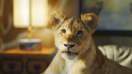 Close-up of a young lion sitting indoors, with a blurred background of a lamp and a table, creating a cozy and calm atmosphere.