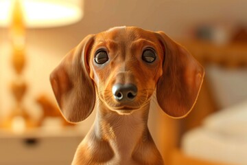Close-up of an adorable dachshund puppy with big eyes, indoors, in a warm and cozy home environment. Focus on the dog's face.