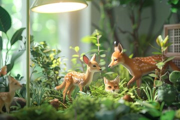 Closeup of miniature deer family in a vibrant domestic garden setting under a lamp, surrounded by lush greenery and natural elements.