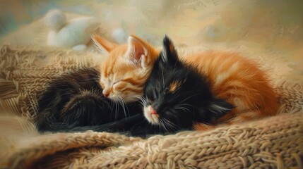 Close-up of two adorable kittens sleeping together on a cozy knit blanket with a dreamy background, exuding comfort and warmth.