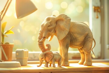 Close-up of two elephant figurines, one large and one small, on a sunlit windowsill with a soft, warm bokeh background.