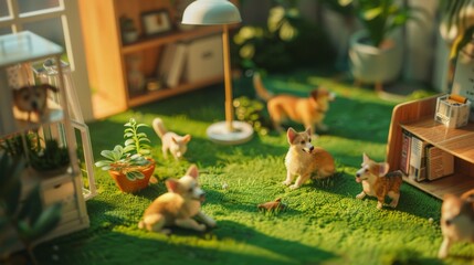 Cozy indoor garden scene with multiple cats playing, lounging under sunlight, and exploring vibrant greenery and wooden furniture.