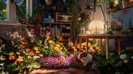 Cozy indoor garden with blooming flowers and a cute guinea pig next to a desk with a lamp and bookshelves.