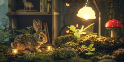 Cozy indoor scene featuring a rabbit surrounded by plants, books, candles, and a whimsical lamp and mushroom decoration.
