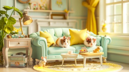 Cozy living room with adorable guinea pigs sitting on a pastel sofa, surrounded by whimsical decor, plants, and sunlight streaming through the window.