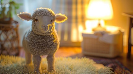 Cozy indoor setting with a cute plush lamb toy on a fluffy rug, warm lighting from a table lamp in the background.