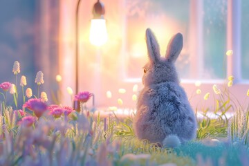 Cute bunny sitting by window with colorful flowers and glowing light, creating a peaceful and dreamy atmosphere.