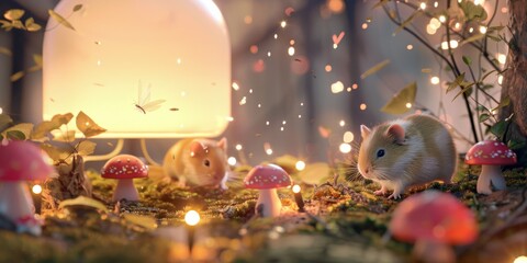 Cute hamsters playing amongst mushrooms in a magical, fairy-tale forest with glowing lights and a mystical atmosphere.
