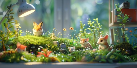 Cute miniature animals in a whimsical garden scene with vibrant plants and flowers, bathed in warm natural light, creating a magical atmosphere.
