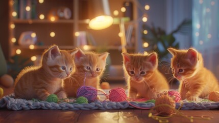 Four adorable ginger kittens playing with colorful yarn in a cozy, warmly lit room decorated with...