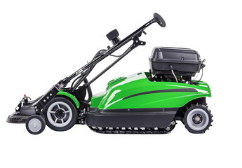 A green lawn mower with a black handle and a black box on top