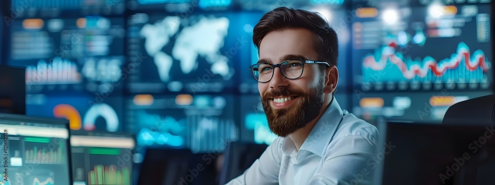 Wall mural confident young businessman analyzing financial data and charts on multiple displays in vibrant offi