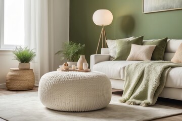 stylish living room, white pouf, lamp, consola and personal accessories, Pistachio wall