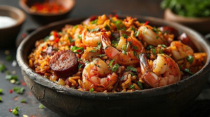 A serving of jambalaya with sausage and shrimp.