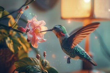 Obraz premium Vibrant hummingbird hovers delicately, feeding from a beautiful pink flower in a serene indoor setting with glowing ambient light.