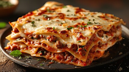 A serving of lasagna with layers of pasta, meat sauce, and cheese.