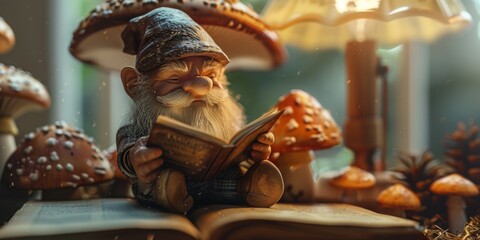 Whimsical gnome reading a book surrounded by magical mushrooms, illuminated by warm, cozy lighting in a serene fairytale setting.