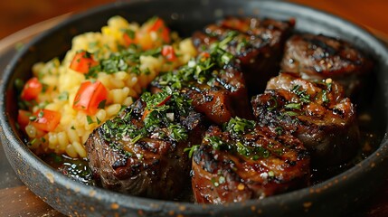 A serving of osso buco with gremolata and risotto.
