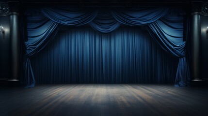 Blue velvet curtains drawn back to reveal an empty stage with spotlight. The stage is set for a grand performance.