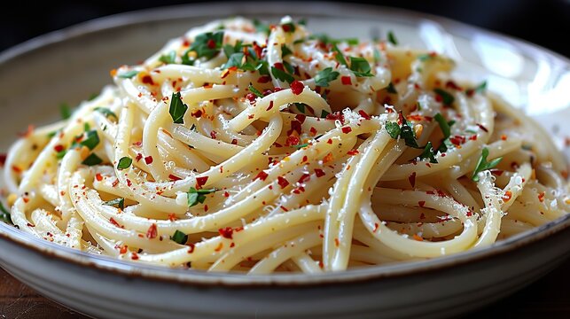 A serving of spaghetti aglio e olio with garlic and chili flakes.