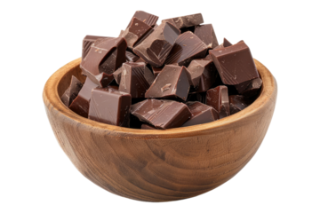 Chocolate pieces in a wooden bowl isolated on transparent background