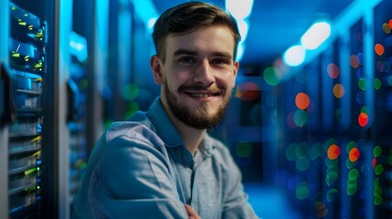 Confident Young IT Administrator Smiling at in Tech Workspace