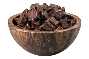 Chocolate pieces in a wooden bowl isolated on transparent background