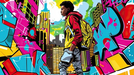 A vibrant graffiti-style illustration of an African American teenager in urban attire