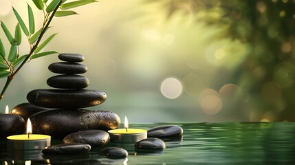 Calm, balanced stack of black massage stones, glow of candles and bamboo leaves