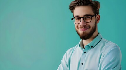 Obraz premium Confident Young IT Security Analyst Smiling in Casual Office Setting