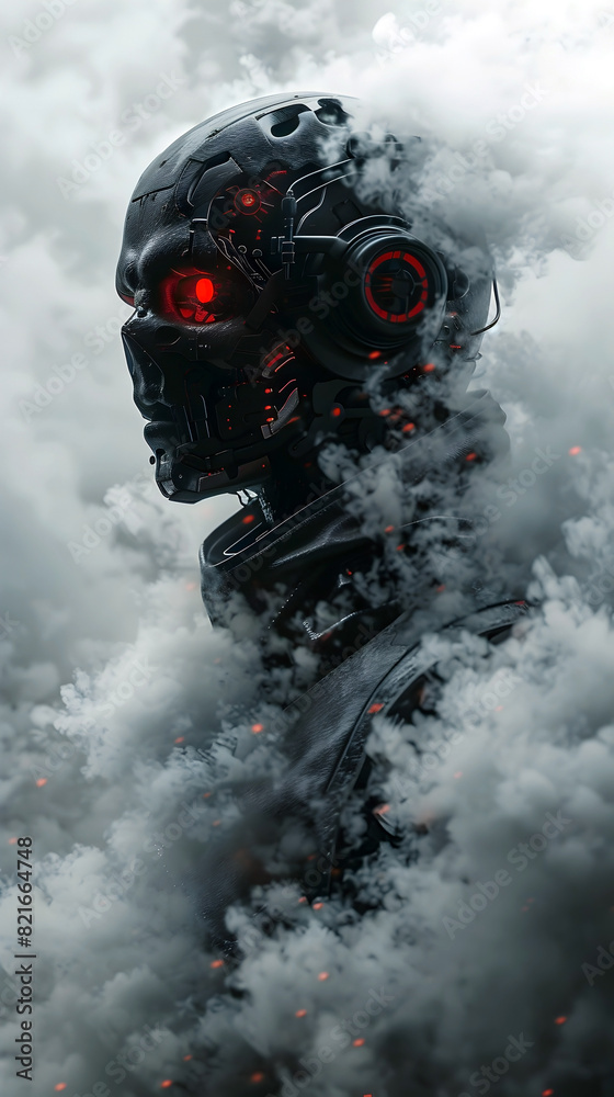 Poster breathtaking cybernetic snake warrior surrounded by billowing clouds of vibrant smoke in moody sci-f